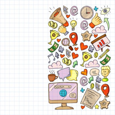 Dijital pazarlama, sosyal medya, iletişim, yönetim. Arka plan afiş için.