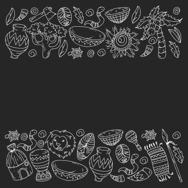 Afiş ve posterler için Vektör afrika kabile desen. Hayvanların simgeleri ve çocuklar için geleneksel unsurlar kumaş, giysi, tekstil. Seyahat ve macera