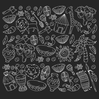 Afiş ve posterler için Vektör afrika kabile desen. Hayvanların simgeleri ve çocuklar için geleneksel unsurlar kumaş, giysi, tekstil. Seyahat ve macera