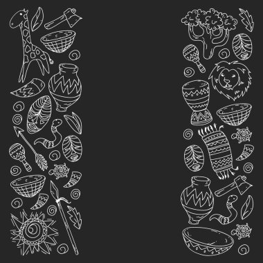 Afiş ve posterler için Vektör afrika kabile desen. Hayvanların simgeleri ve çocuklar için geleneksel unsurlar kumaş, giysi, tekstil. Seyahat ve macera