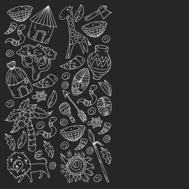 Afiş ve posterler için Vektör afrika kabile desen. Hayvanların simgeleri ve çocuklar için geleneksel unsurlar kumaş, giysi, tekstil. Seyahat ve macera