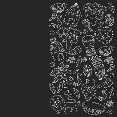 Afiş ve posterler için Vektör afrika kabile desen. Hayvanların simgeleri ve çocuklar için geleneksel unsurlar kumaş, giysi, tekstil. Seyahat ve macera