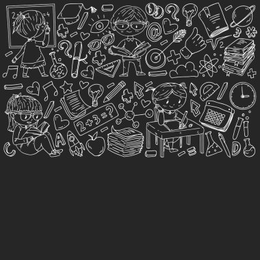 Okula geri dön. Kitap, eğitim unsuru ve küçük öğrencilerle desen. Çocuklar, matematik öğrenen çocuklar, coğrafya, geometri, fizik, kimya