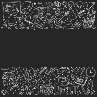 Okula geri dön. Kitap, eğitim unsuru ve küçük öğrencilerle desen. Çocuklar, matematik öğrenen çocuklar, coğrafya, geometri, fizik, kimya