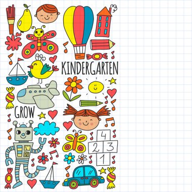 Anaokulu afişleri için vektör deseni, ay, gezegen, uzay gemisi, roket, güneş, meyve, ev, çiçek posterleri. Yaratıcılık ve hayal gücü.