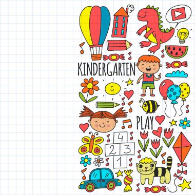 Anaokulu afişleri için vektör deseni, ay, gezegen, uzay gemisi, roket, güneş, meyve, ev, çiçek posterleri. Yaratıcılık ve hayal gücü.