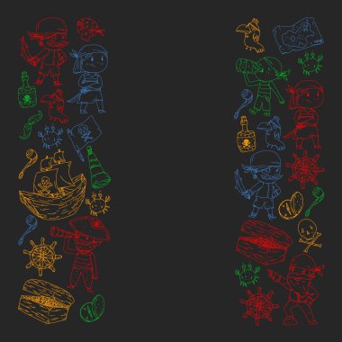 Gemiler, adalar ve fantezi yaratıklar ile Vektör korsan desen. Küçük çocuklar için korsan maceraları. Kağıt, duvar kağıdı, afiş, afiş sarma için desen.