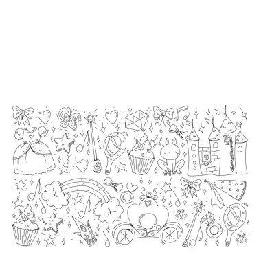 Küçük kızlar için vektör deseni. Mutlu doğum günü partisi için Prenses illüstrasyon. Kara tahta tebeşir illüstrasyon