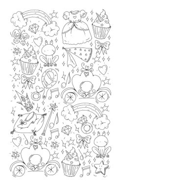 Küçük kızlar için vektör deseni. Mutlu doğum günü partisi için Prenses illüstrasyon. Kara tahta tebeşir illüstrasyon