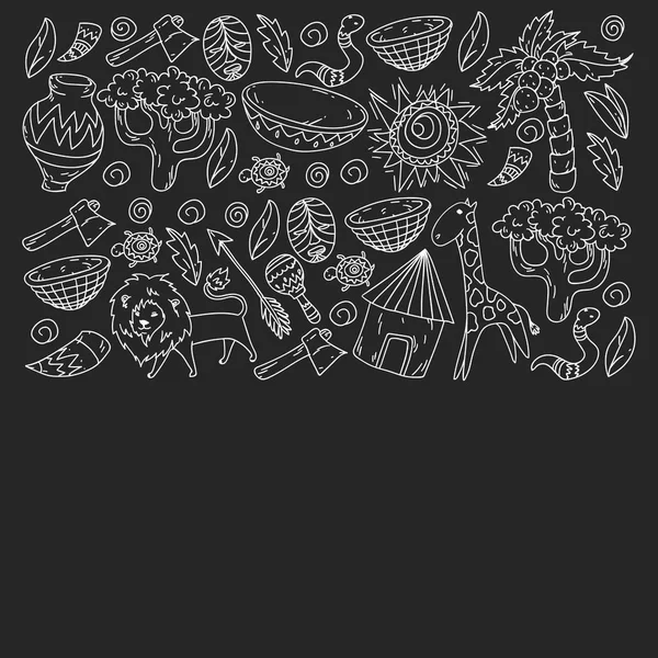 Afiş ve posterler için Vektör afrika kabile desen. Hayvanların simgeleri ve çocuklar için geleneksel unsurlar kumaş, giysi, tekstil. Seyahat ve macera