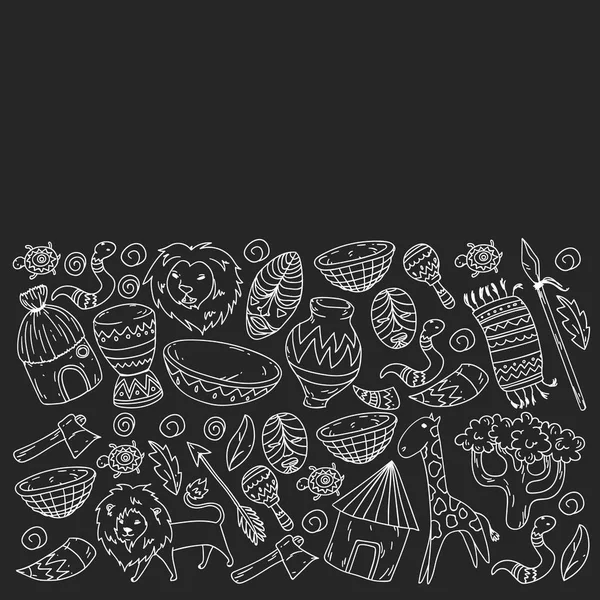 Afiş ve posterler için Vektör afrika kabile desen. Hayvanların simgeleri ve çocuklar için geleneksel unsurlar kumaş, giysi, tekstil. Seyahat ve macera