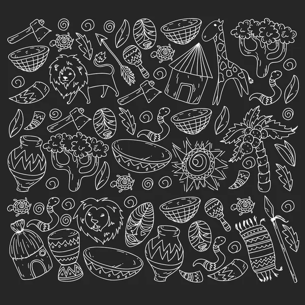 Afiş ve posterler için Vektör afrika kabile desen. Hayvanların simgeleri ve çocuklar için geleneksel unsurlar kumaş, giysi, tekstil. Seyahat ve macera