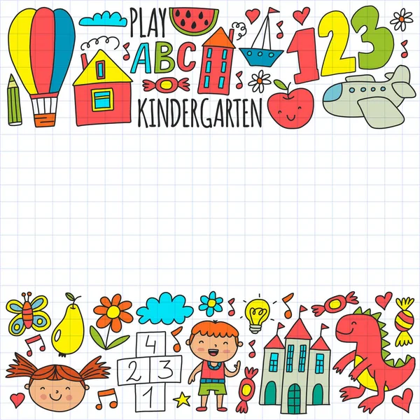 Pola vektor untuk spanduk taman kanak-kanak, poster dengan bulan, planet, pesawat ruang angkasa, roket, matahari, buah-buahan, rumah, bunga. Kreativitas dan imajinasi  . Stok Vektor Bebas Royalti