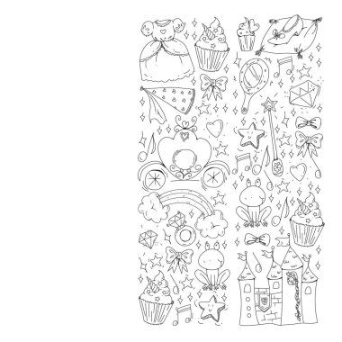 Küçük kızlar için vektör deseni. Mutlu doğum günü partisi için Prenses illüstrasyon. Kara tahta tebeşir illüstrasyon