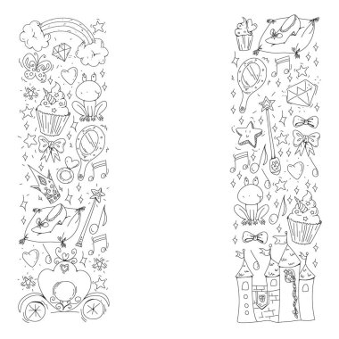 Küçük kızlar için vektör deseni. Mutlu doğum günü partisi için Prenses illüstrasyon. Kara tahta tebeşir illüstrasyon