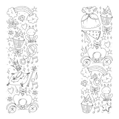 Küçük kızlar için vektör deseni. Mutlu doğum günü partisi için Prenses illüstrasyon. Kara tahta tebeşir illüstrasyon