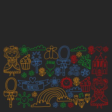 Küçük kızlar için vektör deseni. Mutlu Doğum günü partisi için Prenses illüstrasyon.