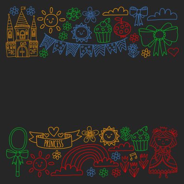 Küçük kızlar için vektör deseni. Mutlu Doğum günü partisi için Prenses illüstrasyon.