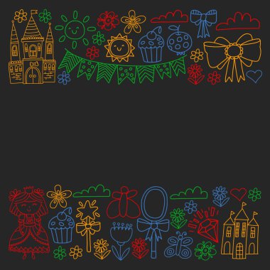 Küçük kızlar için vektör deseni. Mutlu Doğum günü partisi için Prenses illüstrasyon.