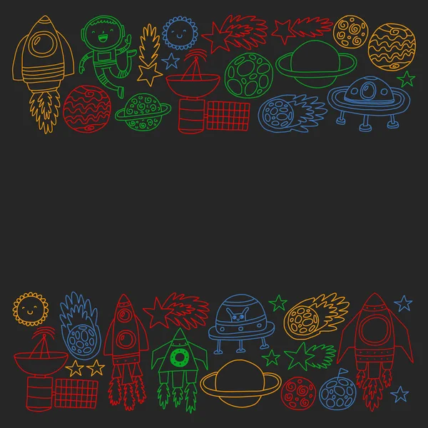 Espaço fundo doodle ilustração. Ilustração vetorial. Padrão com foguetes espaciais desenhos animados, planetas, estrelas . — Vetor de Stock