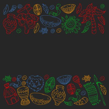 Afiş ve posterler için Vektör afrika kabile desen. Hayvanların simgeleri ve çocuklar için geleneksel unsurlar kumaş, giysi, tekstil. Seyahat ve macera