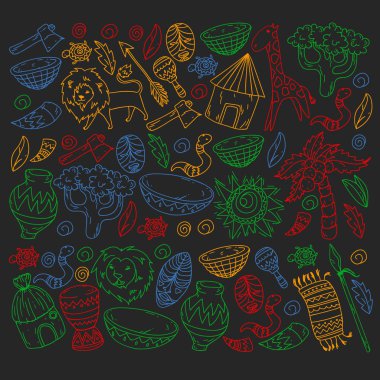 Afiş ve posterler için Vektör afrika kabile desen. Hayvanların simgeleri ve çocuklar için geleneksel unsurlar kumaş, giysi, tekstil. Seyahat ve macera