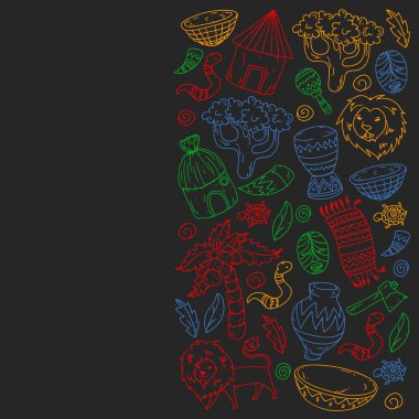 Afiş ve posterler için Vektör afrika kabile desen. Hayvanların simgeleri ve çocuklar için geleneksel unsurlar kumaş, giysi, tekstil. Seyahat ve macera