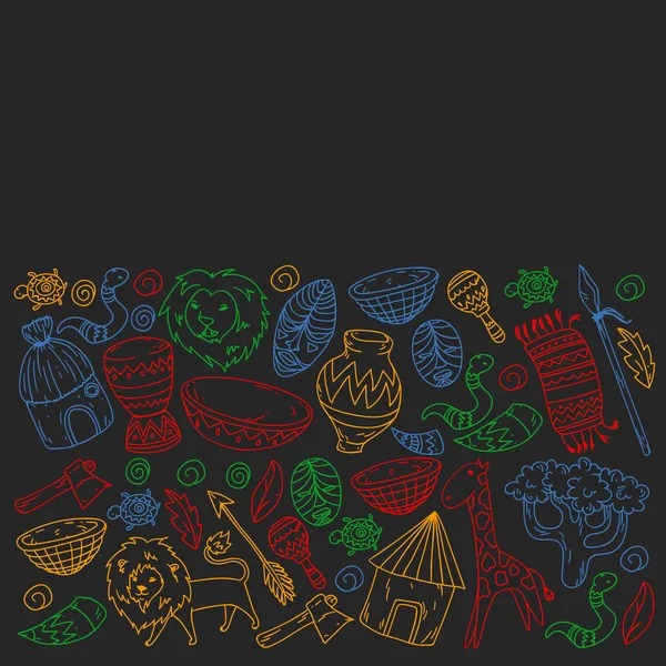 Afiş ve posterler için Vektör afrika kabile desen. Hayvanların simgeleri ve çocuklar için geleneksel unsurlar kumaş, giysi, tekstil. Seyahat ve macera