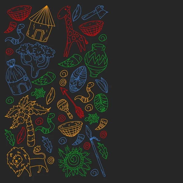 Afiş ve posterler için Vektör afrika kabile desen. Hayvanların simgeleri ve çocuklar için geleneksel unsurlar kumaş, giysi, tekstil. Seyahat ve macera