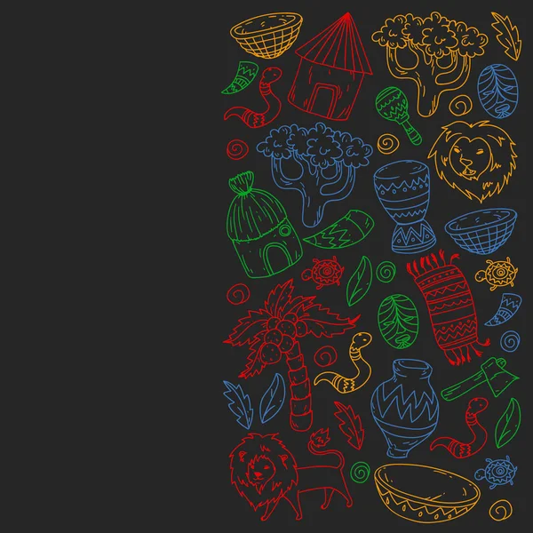 Afiş ve posterler için Vektör afrika kabile desen. Hayvanların simgeleri ve çocuklar için geleneksel unsurlar kumaş, giysi, tekstil. Seyahat ve macera