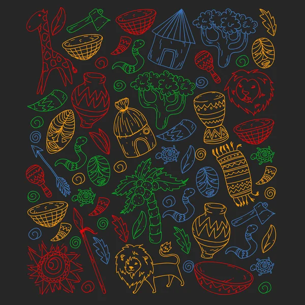 Afiş ve posterler için Vektör afrika kabile desen. Hayvanların simgeleri ve çocuklar için geleneksel unsurlar kumaş, giysi, tekstil. Seyahat ve macera