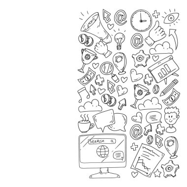 Dijital pazarlama, sosyal medya, iletişim, yönetim. Arka plan afiş için.