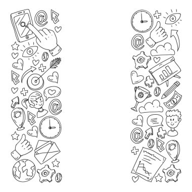 Dijital pazarlama, sosyal medya, iletişim, yönetim. Arka plan afiş için.