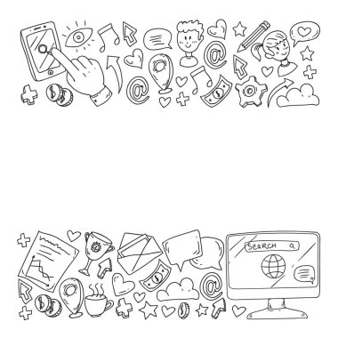 Dijital pazarlama, sosyal medya, iletişim, yönetim. Arka plan afiş için.