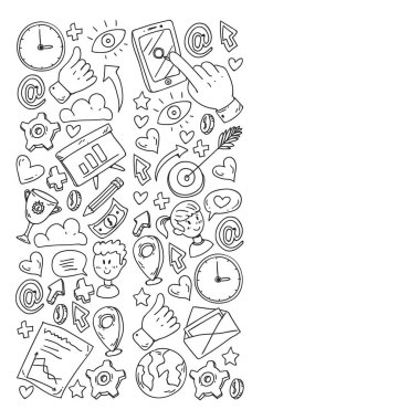 Dijital pazarlama, sosyal medya, iletişim, yönetim. Arka plan afiş için.