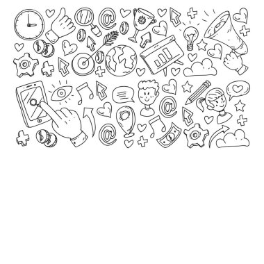 Dijital pazarlama, sosyal medya, iletişim, yönetim. Arka plan afiş için.