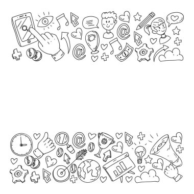 Dijital pazarlama, sosyal medya, iletişim, yönetim. Arka plan afiş için.