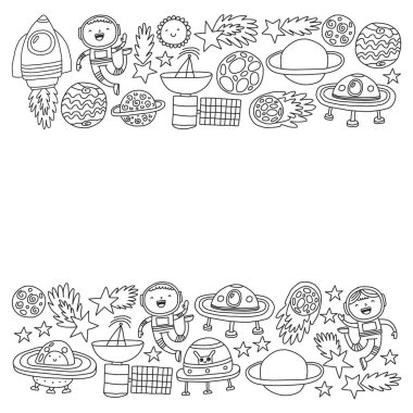 Uzay arka plan doodle illüstrasyon. Vektör illüstrasyon. Karikatür uzay roketleri, gezegenler, yıldızlar ile Desen.