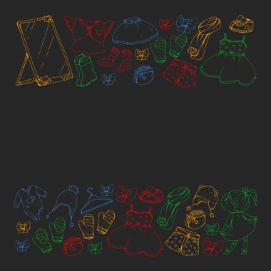 Çocuk kıyafetleri. Bebekler için arka plan, çocuk kalıpları.