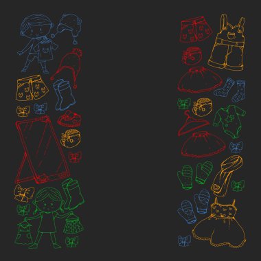 Çocuk kıyafetleri. Bebekler için arka plan, çocuk kalıpları.