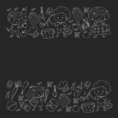 Sağlıklı gıda ve yemek. Meyve, sebze, ev için. Vektör set doodle.