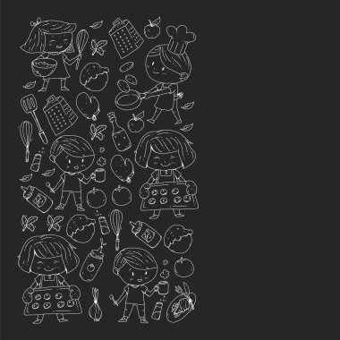 Sağlıklı gıda ve yemek. Meyve, sebze, ev için. Vektör set doodle.