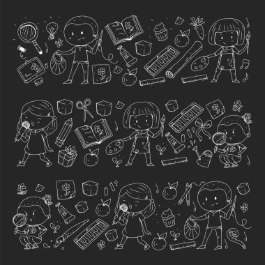 Geri okul vektör desene. Çocuklar için eğitim simgeler.