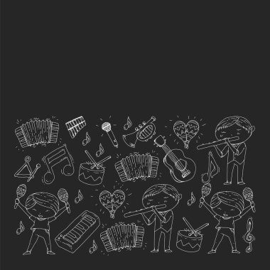 Müzik arka plan desenleri için. Müzik aletleri ile vektör çizim.