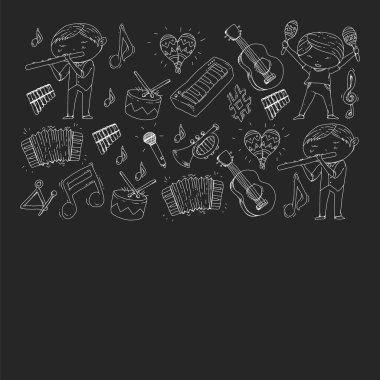 Müzik arka plan desenleri için. Müzik aletleri ile vektör çizim.