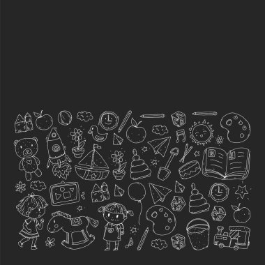 Anaokulu oyuncakları ile. Çocuklar için şablon. Küçük okul öncesi çocuklar eğitim. Oyun çizim, öğrenme,