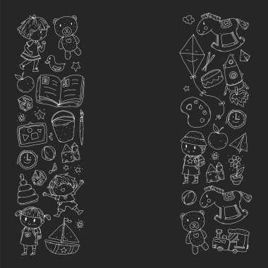 Anaokulu oyuncakları ile. Çocuklar için şablon. Küçük okul öncesi çocuklar eğitim. Oyun çizim, öğrenme,