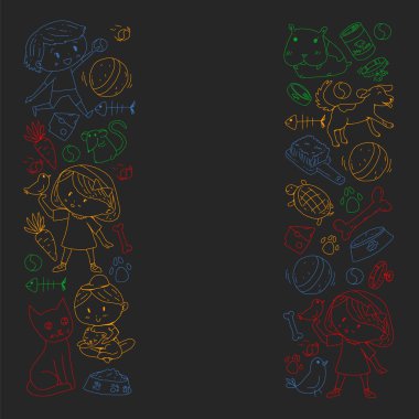 Evde beslenen hayvan dükkan. Vektör çizim hayvanlar, köpek, kedi, balık, kedi, kuş, köpek ile renkli arka plan ile. Veteriner Kliniği.