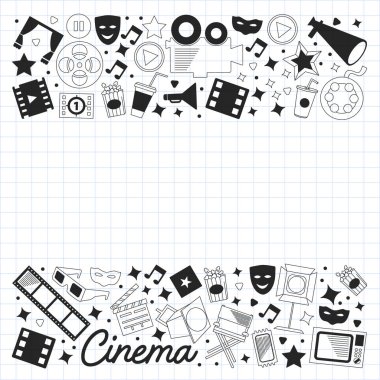 Sinema simgeleri ile vektör deseni. Sinema, Tv, patlamış mısır, video klipler, müzikal