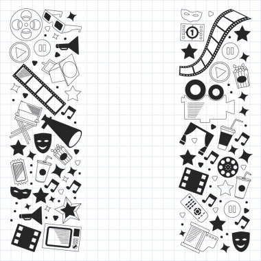 Sinema simgeleri ile vektör deseni. Sinema, Tv, patlamış mısır, video klipler, müzikal